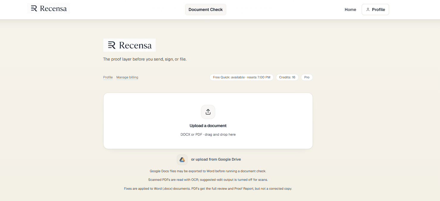 The Recensa upload screen, showing a drop area for a finished Word or PDF document