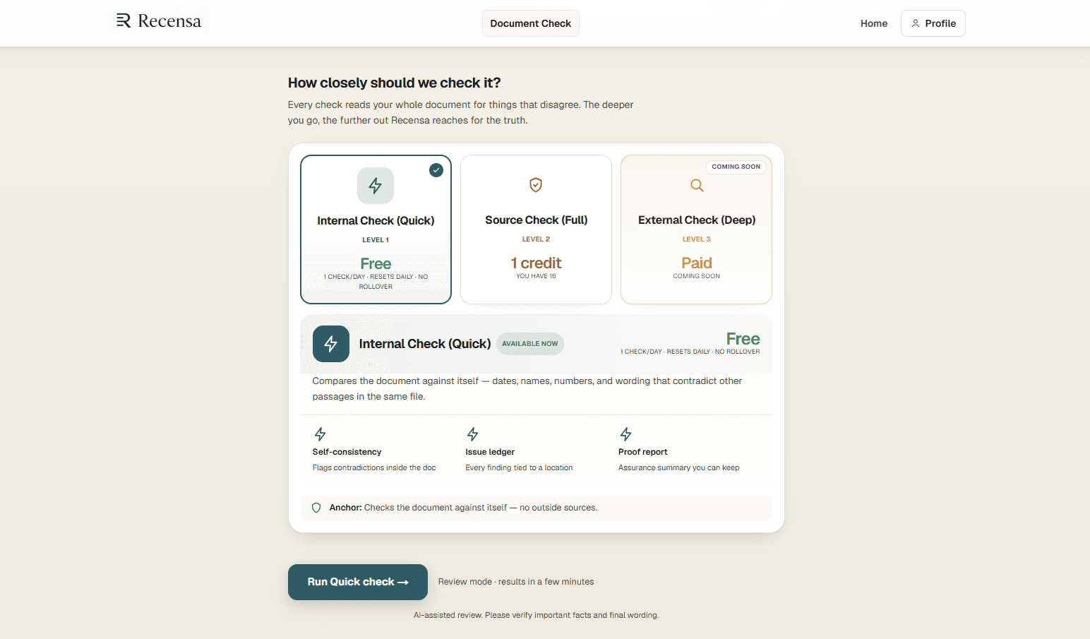 The check level selector, offering an internal check, a source check, and an external check