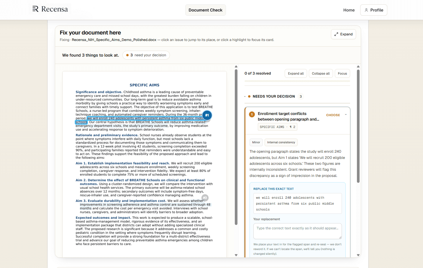 A single finding expanded, showing the flagged text and a field for the reader's replacement wording