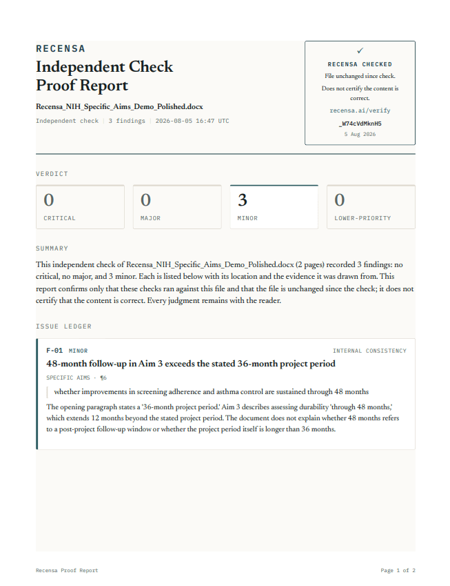 The Recensa Proof Report, showing the issue ledger and a seal confirming the file is unchanged since the check