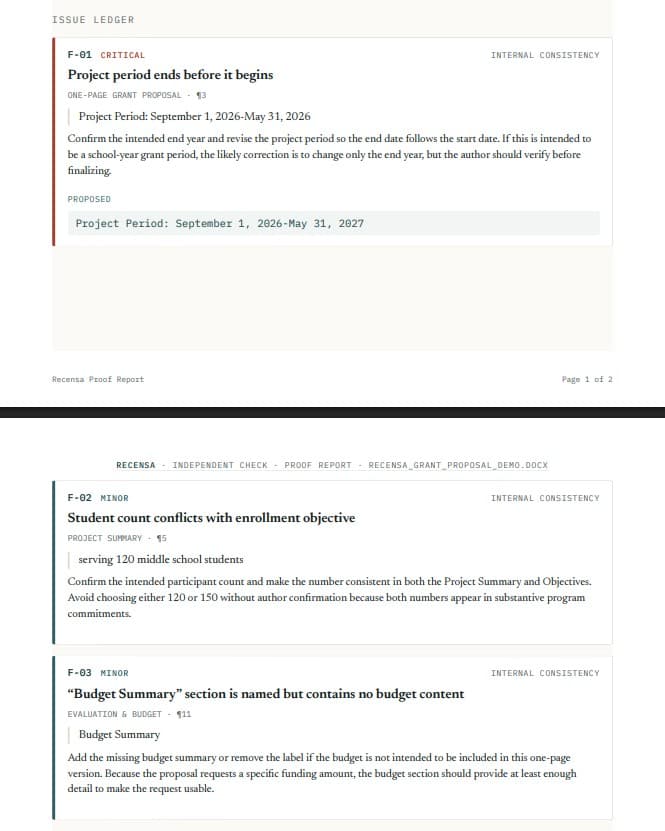 The Issue Ledger section of the Proof Report, listing each finding with its evidence