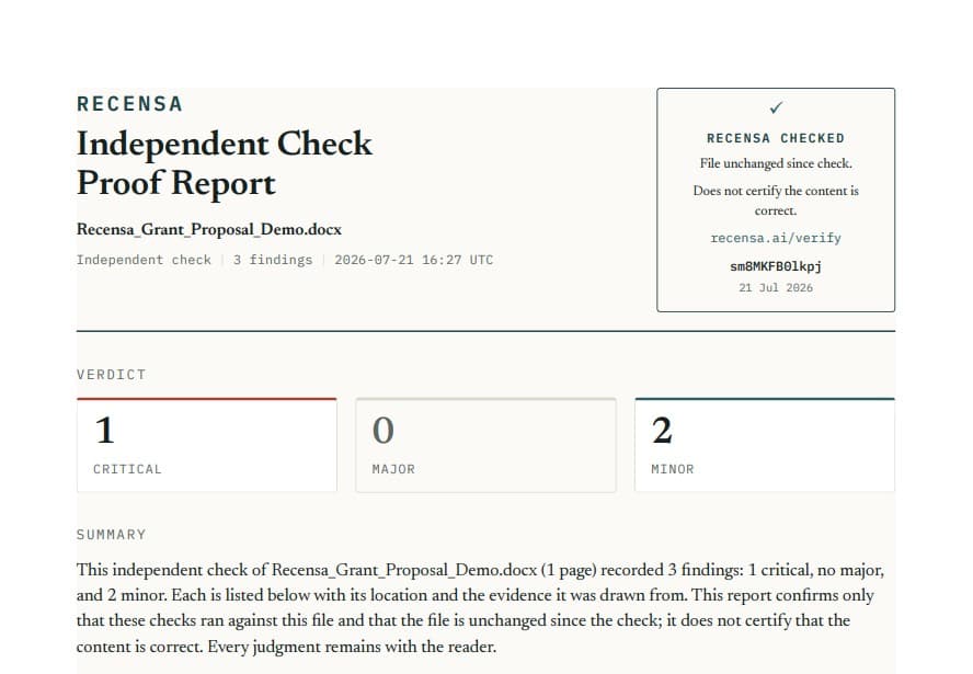 The first page of the Proof Report — the Recensa Checked mark, verdict counts, and summary