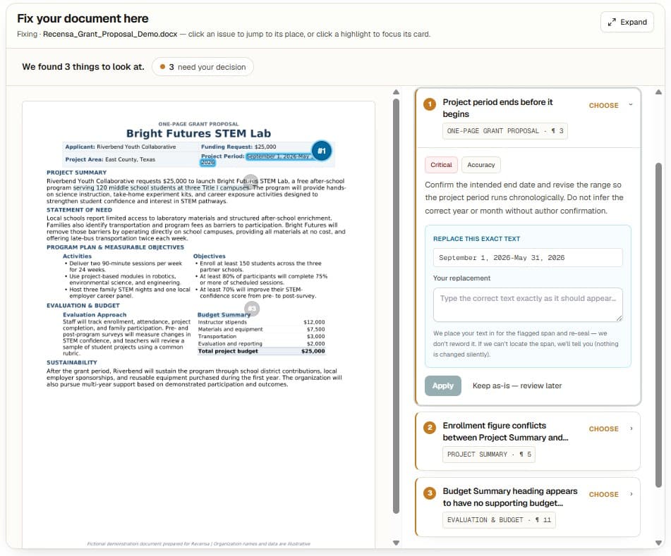 Reviewing a finding and applying an approved correction to the document